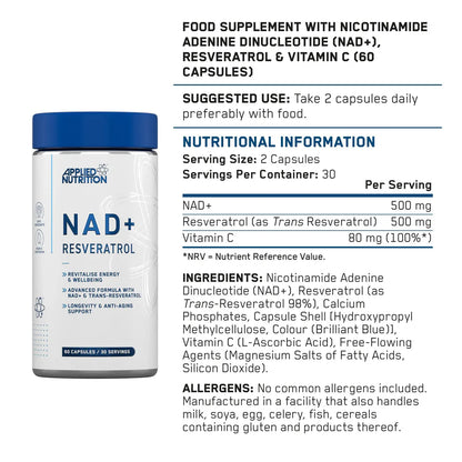 NAD+ RESVERATROL APPLIED NUTRITION 60 CAPS